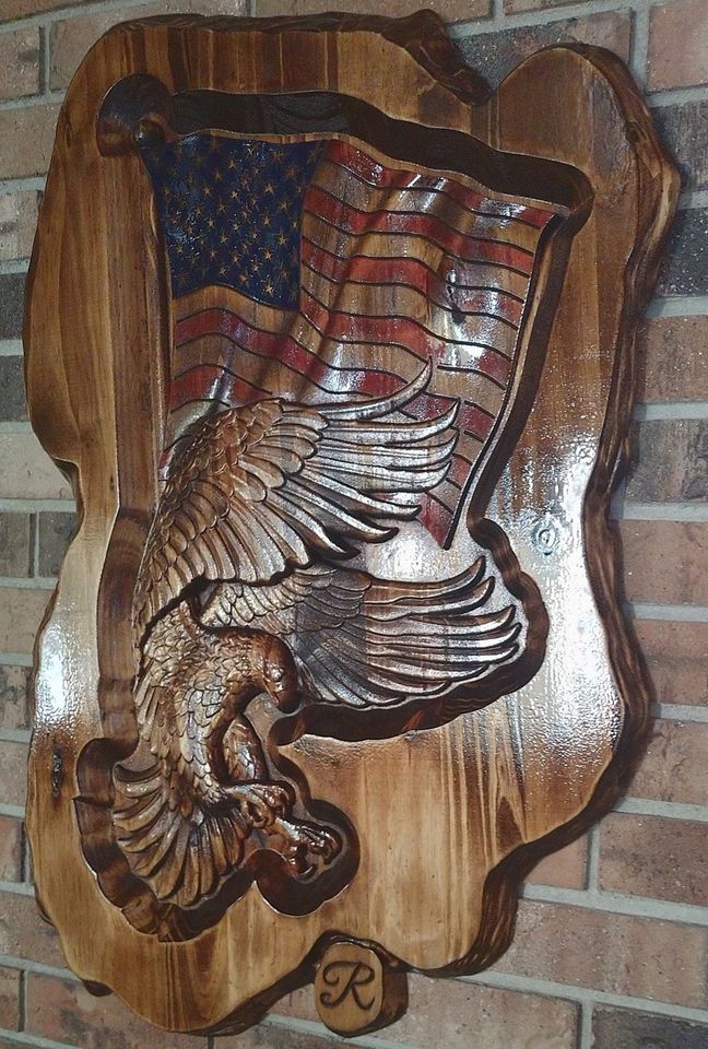 Large Eagle with live edge and wavy wooden US flag Wood Sign