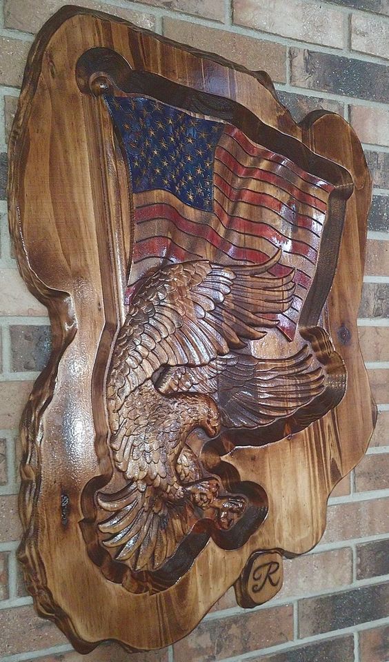 Large Eagle with live edge and wavy wooden US flag Wood Sign
