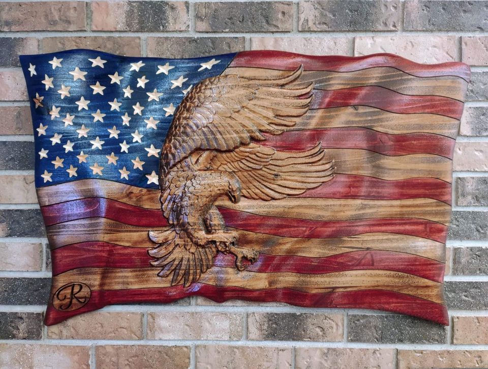 Large eagle US flag Wood Sign